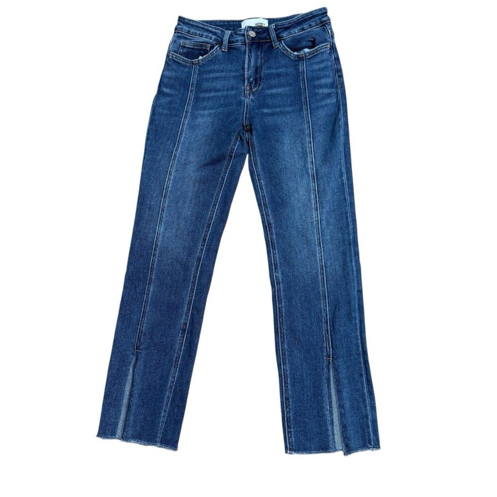 VERVET JEANS V2523 FRONT SEAM SPLIT LEG RAW HEM SZ 25 STRETCH STRAIGHT DENIM